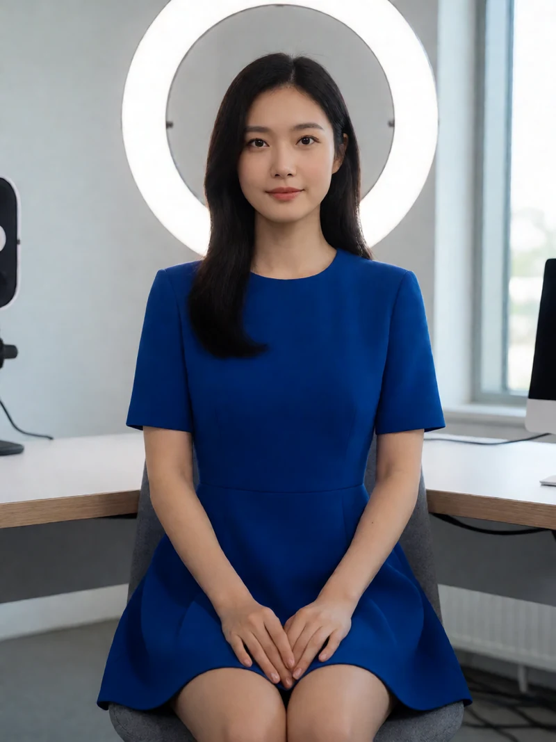 虚构成年亚洲女性穿不透明蓝色短裙面向镜头坐在直播布景中央