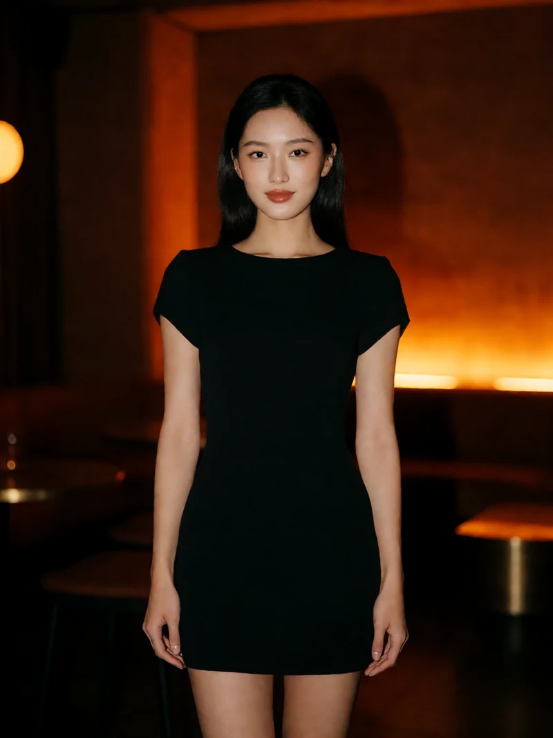 虚构成年亚洲女性穿不透明黑色短裙站在夜间酒吧中央