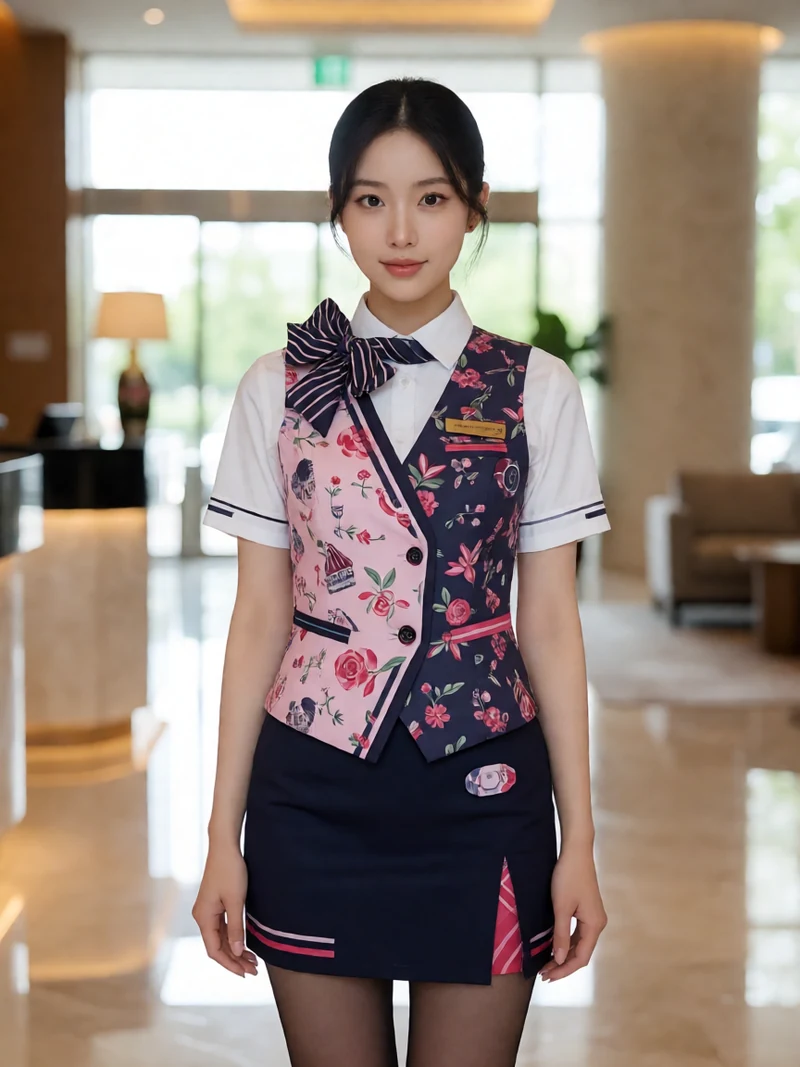虚构成年亚洲女性穿不透明前台制服站在酒店大厅中央